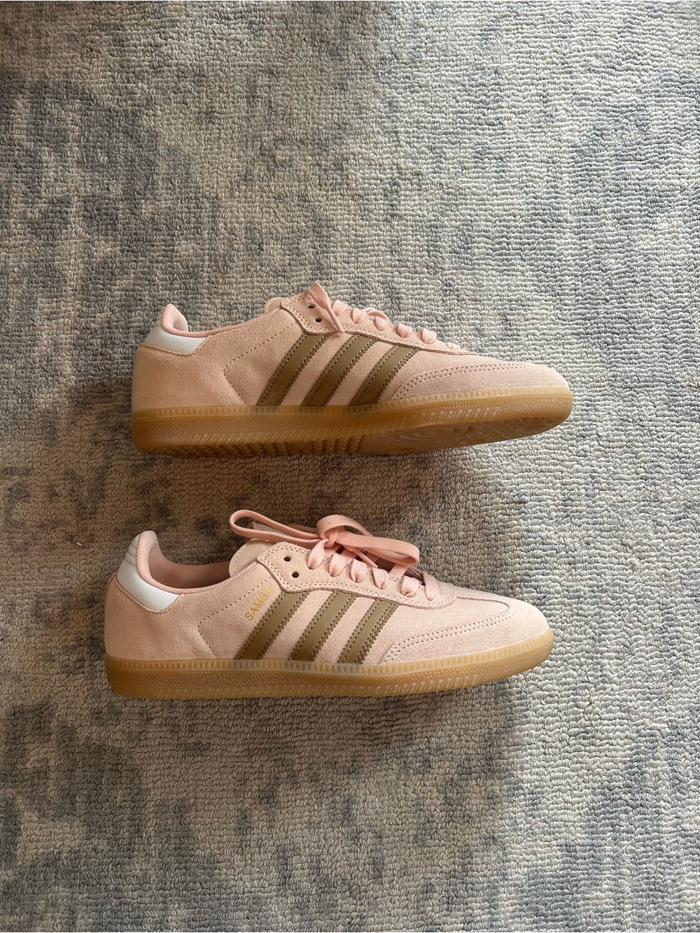 adidas womens Pink Suede Sneakers with Tan Stripes and Gum Sole